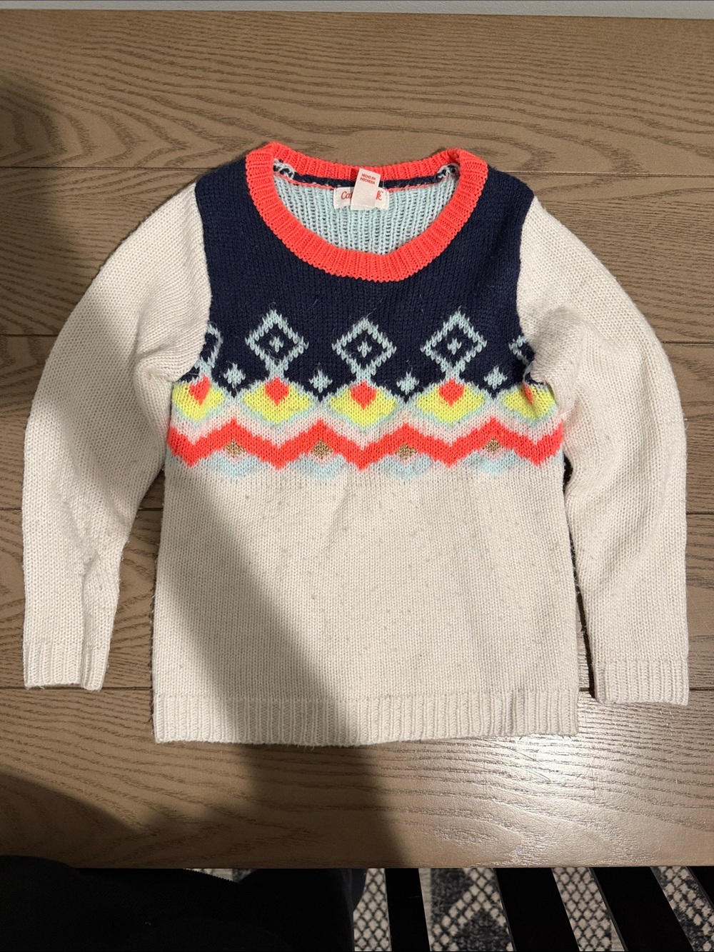 Cat & Jack Cream Crewneck Sweater with Navy Yoke and Neon Trim
